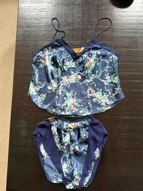 Victoria's Secret Navy Floral Satin Cami & Brief Set- cute lingerie set- vintage